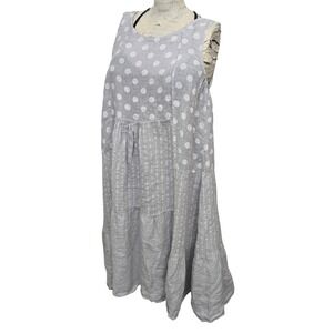 Angela Mara Lagenlook Dress S Gray Polka Dot Striped 100% Linen Made in Italy